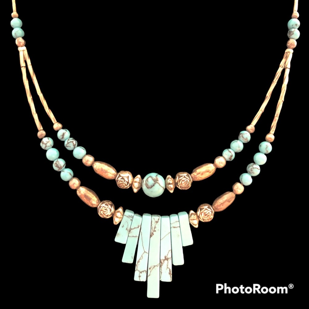 Vintage‎ 1980s Turquoise & Silver Double Strand Necklace 19” Southwest Statement